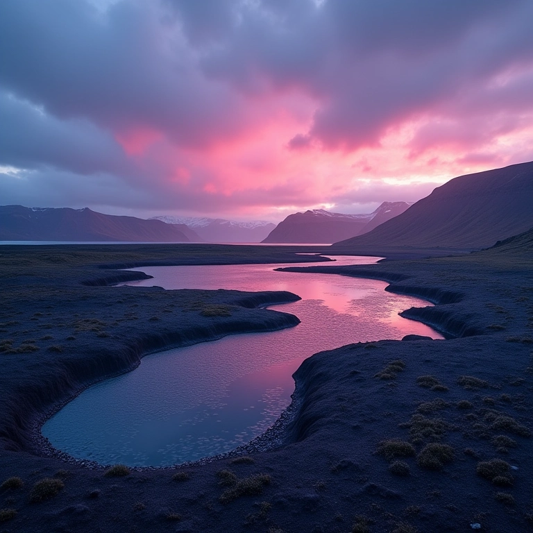 Paisagem islandesa sob o sol da meia-noite
