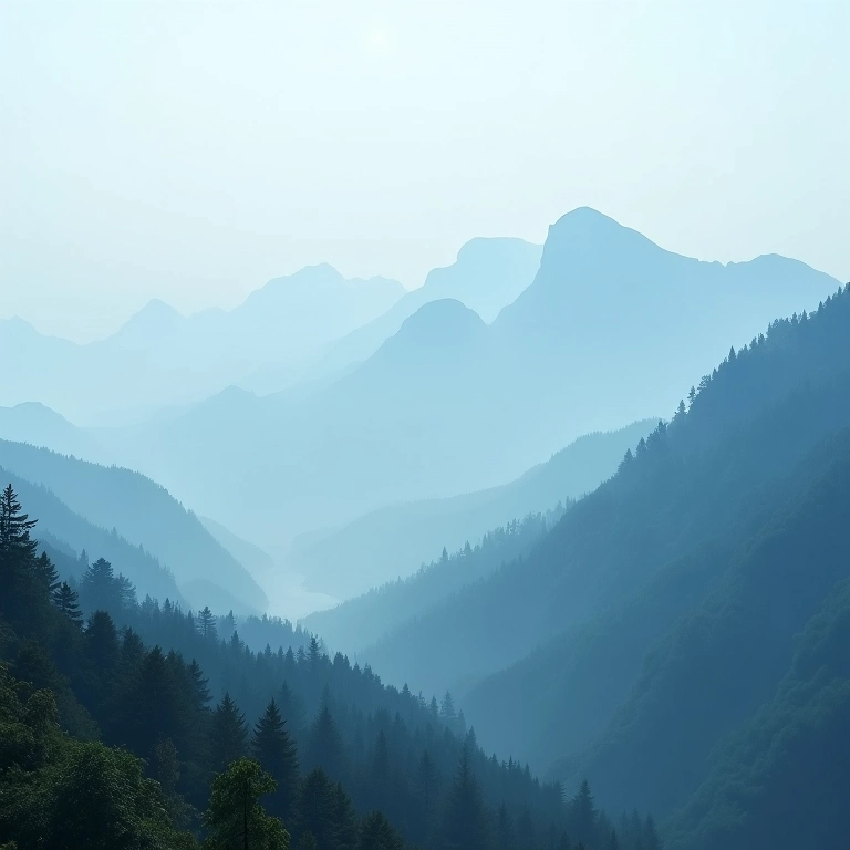Paisagem montanhosa enevoada com cores sutis.