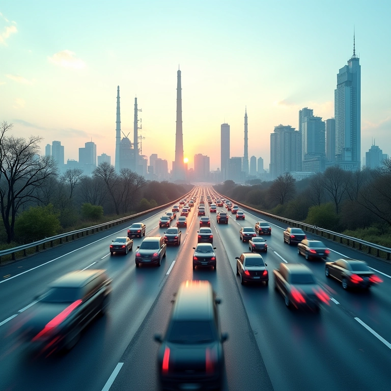 Paisagem urbana moderna com carros em uma rodovia e usina de energia ao fundo.