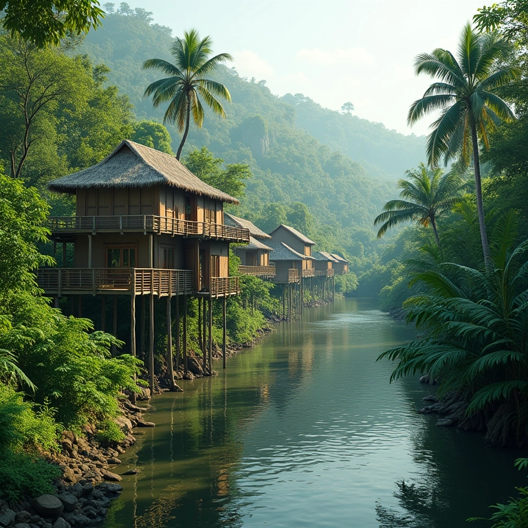 Palafitas na Amazônia, integradas à paisagem exuberante.