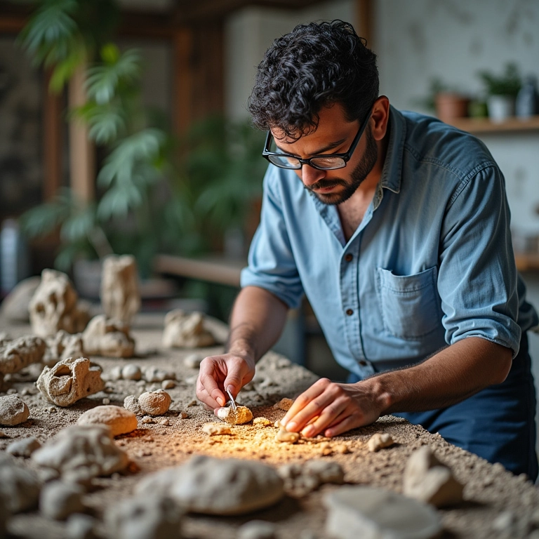 Paleontóloga brasileira trabalhando em laboratório moderno analisando fósseis.