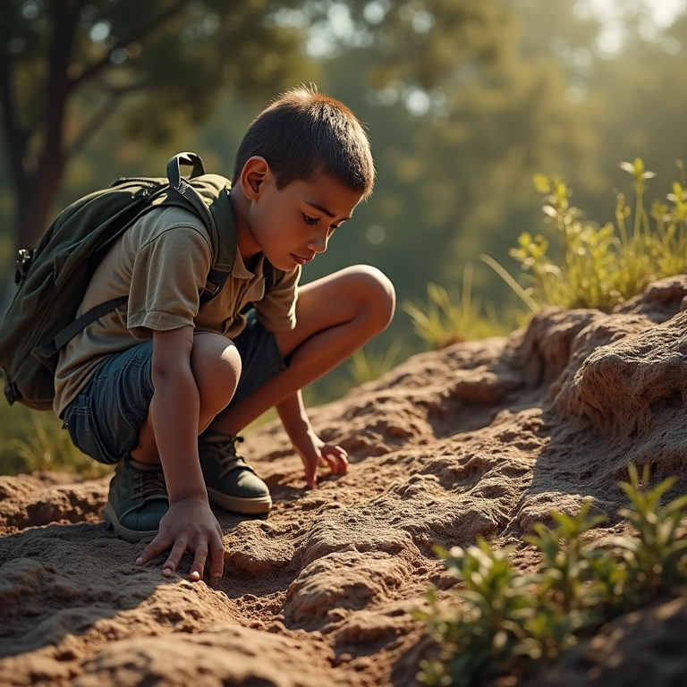 Paleontólogo brasileiro descobrindo fóssil de dinossauro em formação rochosa no Brasil.