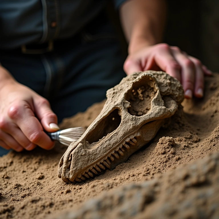 Paleontólogo removendo sedimento de um crânio fossilizado de dinossauro.