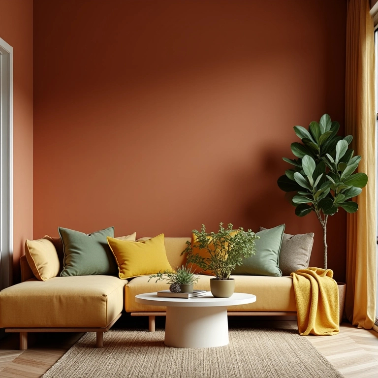 Paleta de cores harmoniosa em sala de estar com tons de terracota, verde oliva e detalhes em amarelo mostarda.