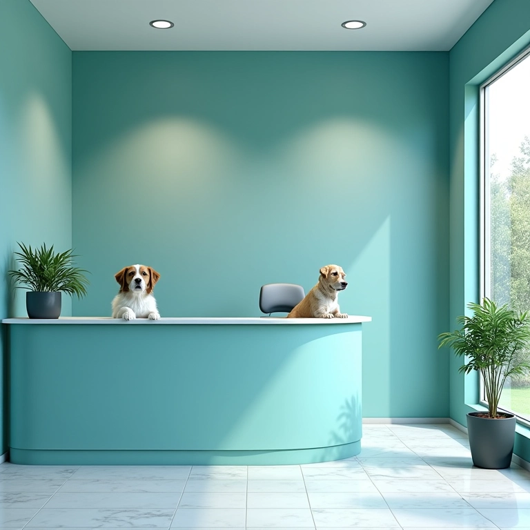 Paleta de cores ideais para hospital veterinário: azul, verde e tons neutros.