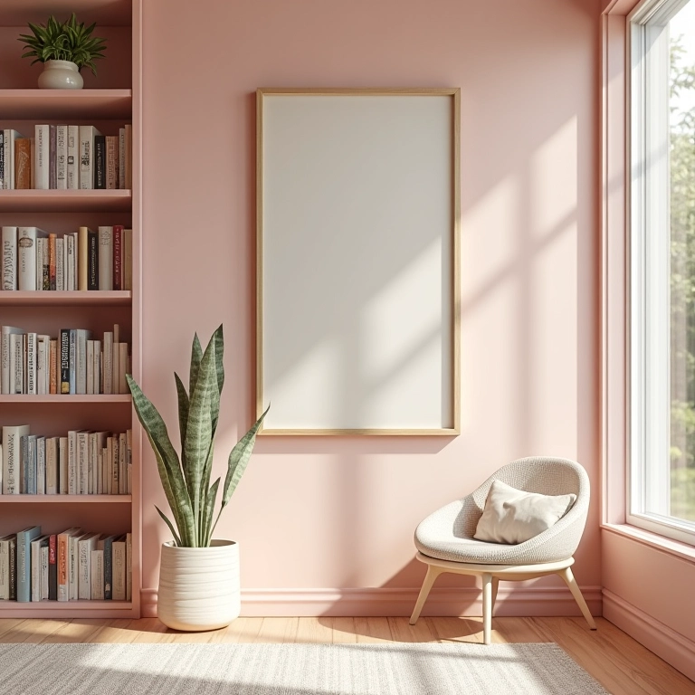 Paleta de cores suaves em uma biblioteca particular tranquila.