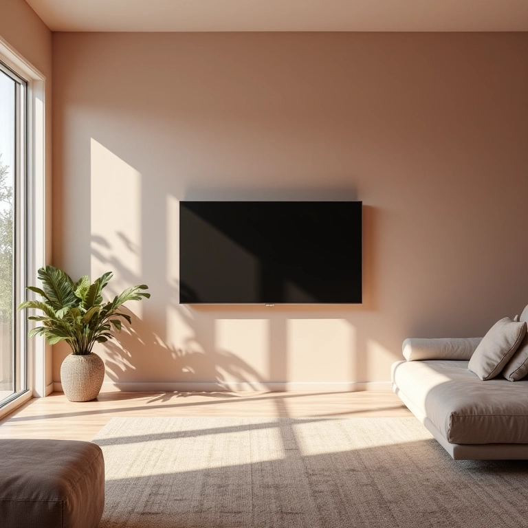 Paleta de cores suaves em uma sala de TV para promover o relaxamento.