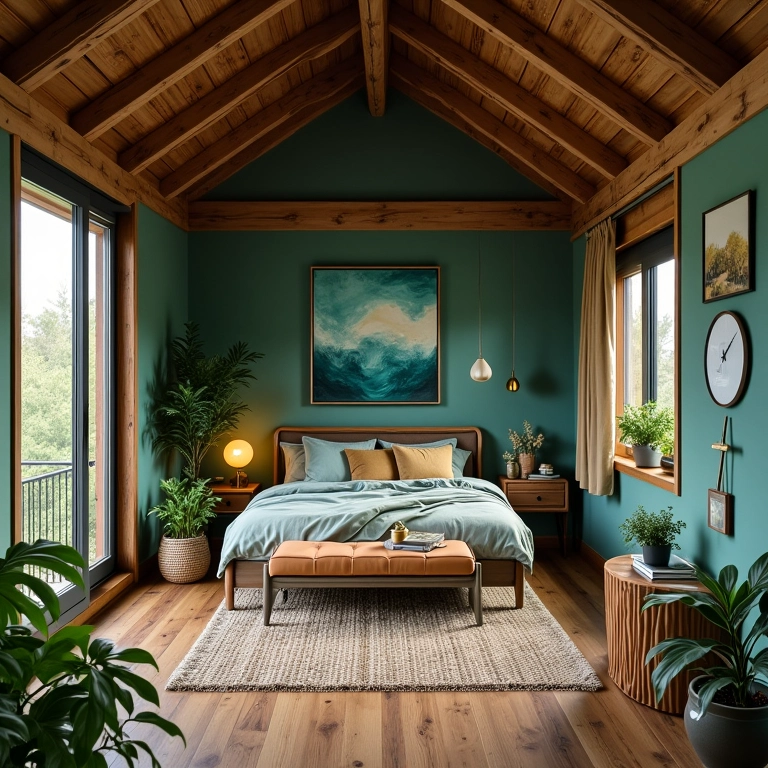 Paleta de cores terrosas, verdes e marrons em uma cabana.