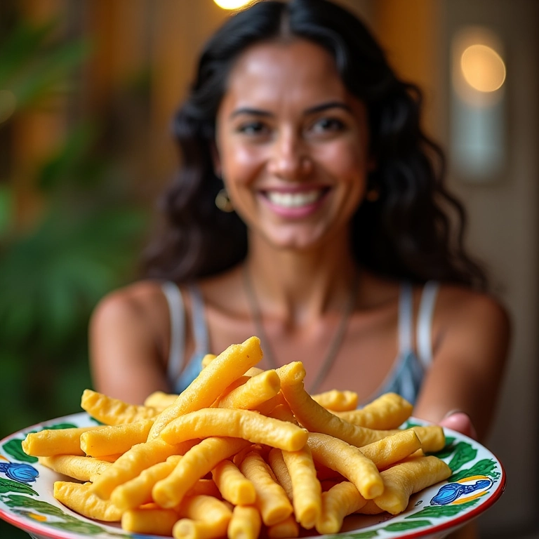 Pamonha decorada para Festa Junina, com sorriso de uma mulher brasileira.