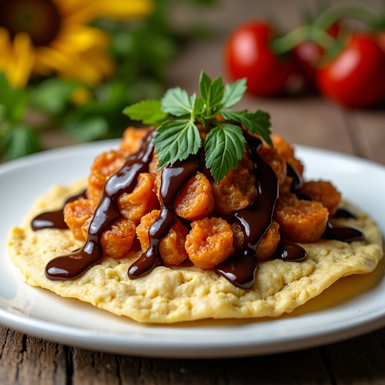 Panqueca low carb com calda de chocolate em prato branco.