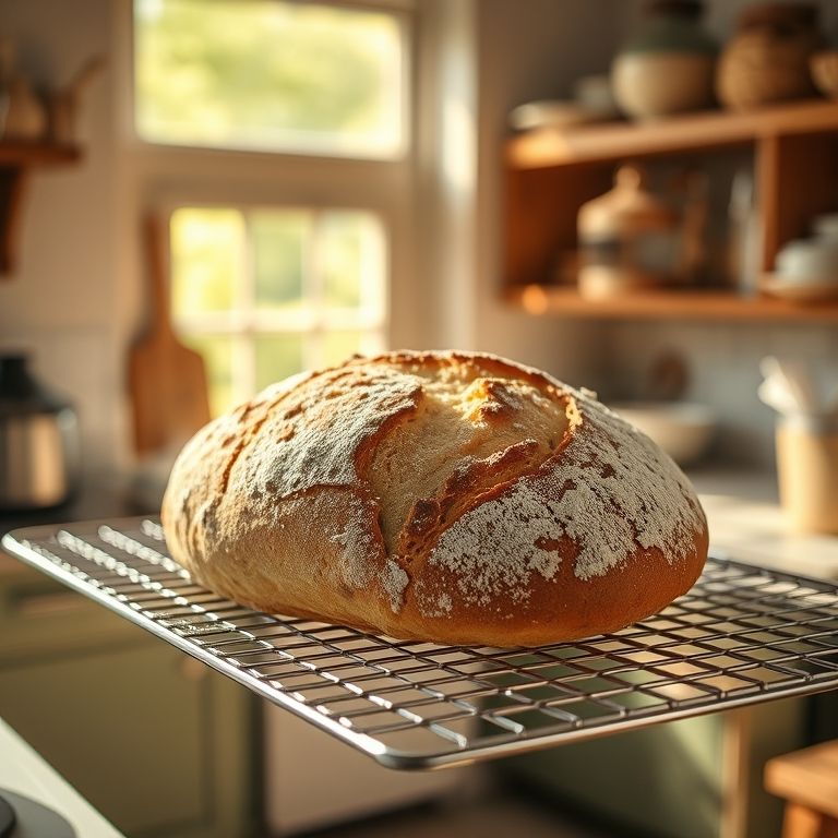 Pão caseiro descongelando em uma grade, luz solar quente.