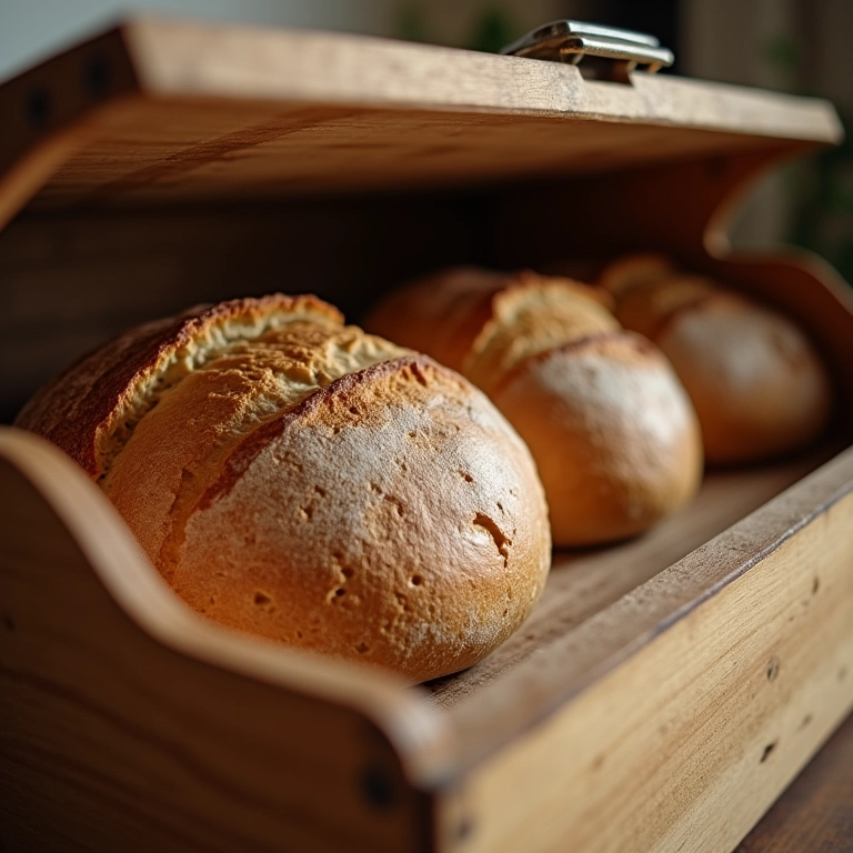 Pão de fermentação natural armazenado em caixa de pão ventilada.