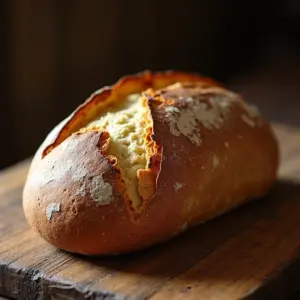 Pão de fermentação natural com crosta dourada e miolo alveolado.