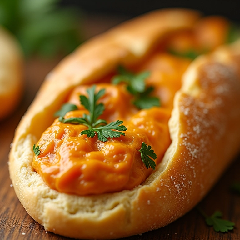Pão recheado com frango cremoso, cobertura dourada e salsa.