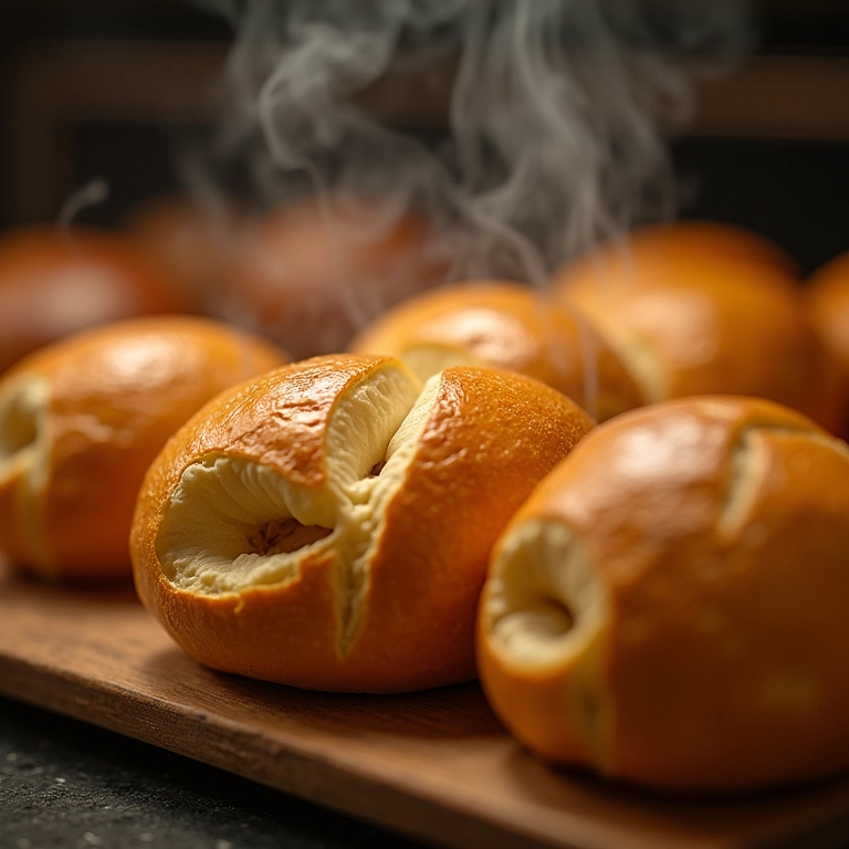 Pão recheado dourado com vapor saindo, forno ao fundo.