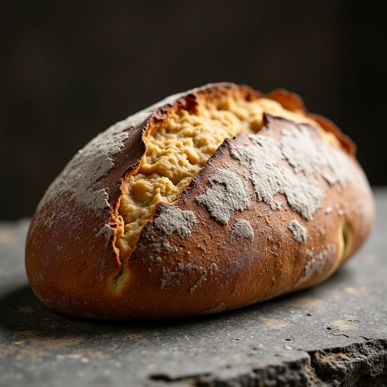 Pão rústico de fermentação natural sobre pedra, textura artesanal.