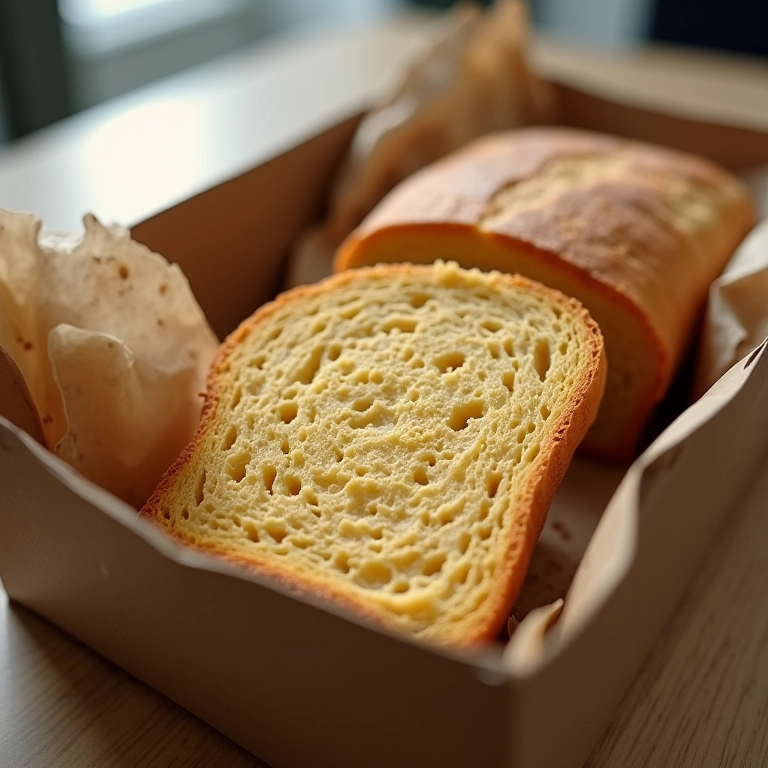 Pão sem glúten ressecando em uma caixa de pão.
