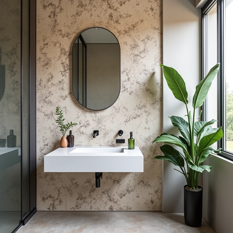 Papel de parede adicionando personalidade ao lavabo.