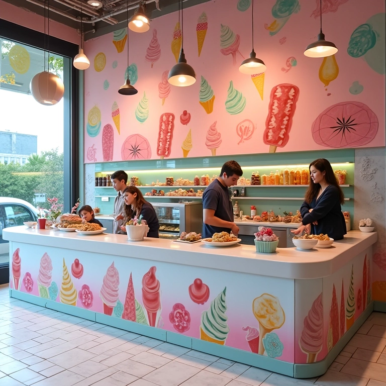 Papel de parede temático dando vida à decoração de uma sorveteria.