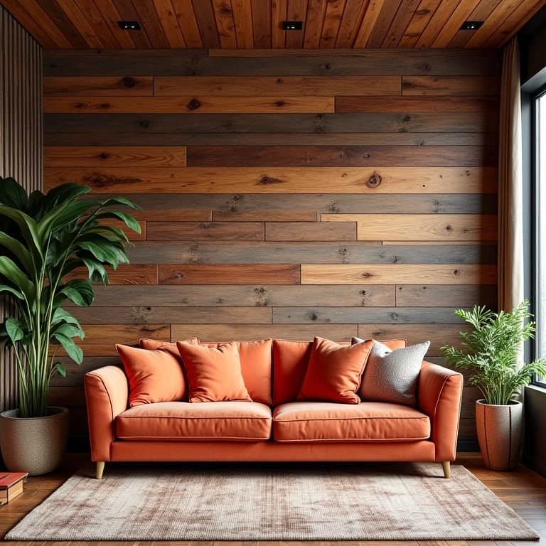 Parede da sala revestida com madeira de demolição, criando um ambiente aconchegante e estiloso.