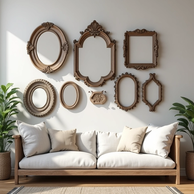 Parede de galeria com quadros antigos e espelhos de diversos formatos e tamanhos.