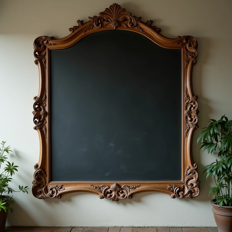 Parede de lousa com moldura ornamentada adicionando um toque de elegância.