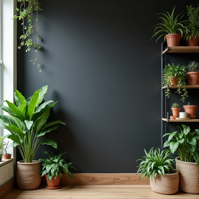 Parede de lousa combinada com plantas e prateleiras.