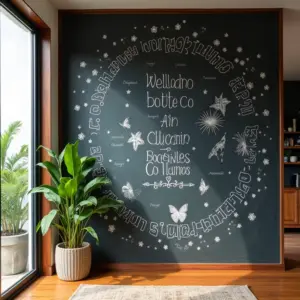Parede de lousa decorativa em casa brasileira com desenhos coloridos e frases inspiradoras.