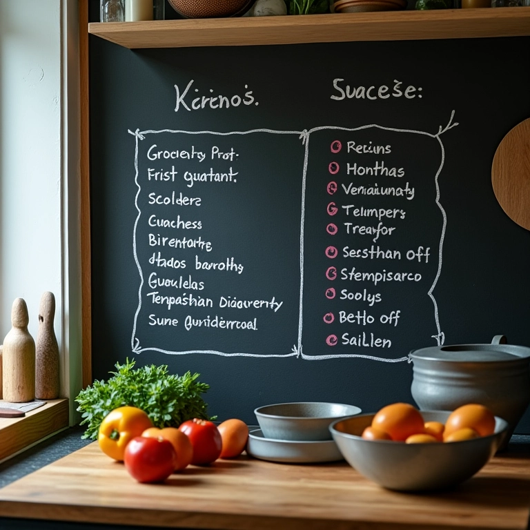 Parede de lousa na cozinha com lista de compras e receita colorida.