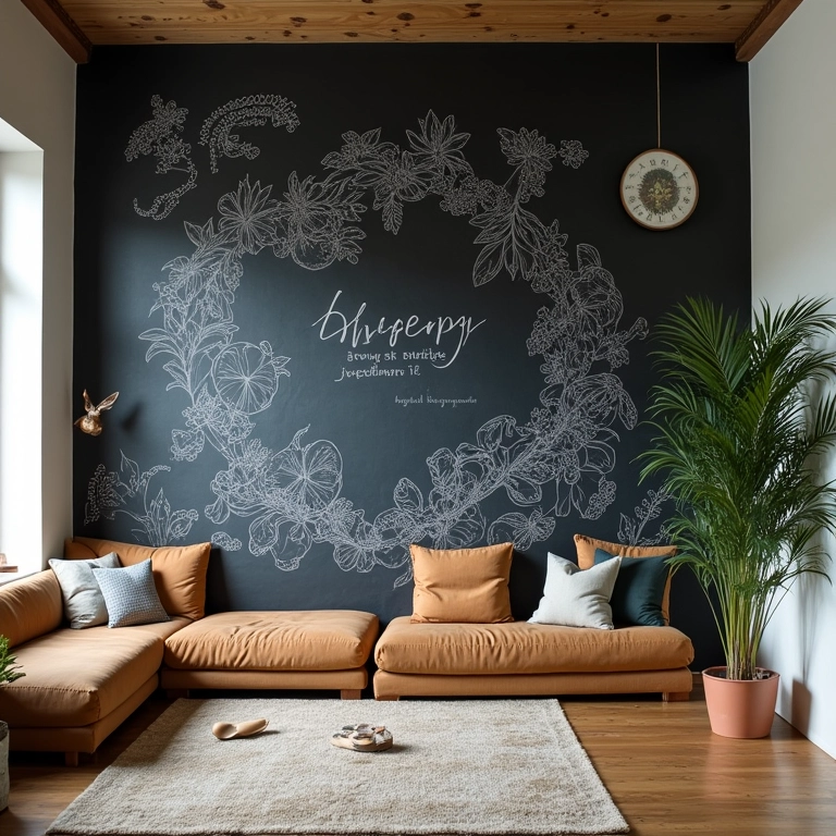 Parede de lousa na sala de estar com desenho artístico e mensagens personalizadas.