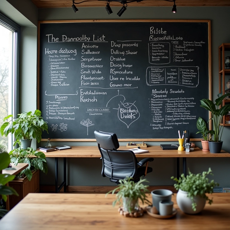 Parede de lousa no escritório com listas de tarefas, calendários e esboços.