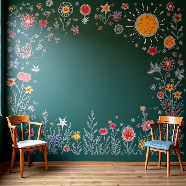 Parede de lousa pintada com cores vibrantes e desenhos coloridos.