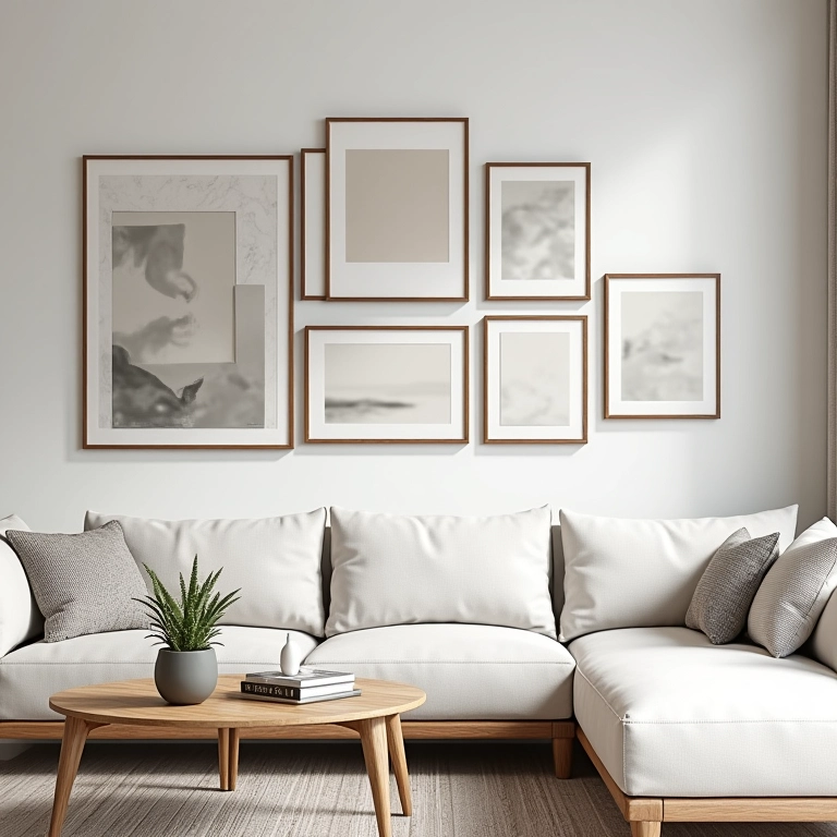 Parede de sala com quadros em harmonia com o tamanho do espaço.