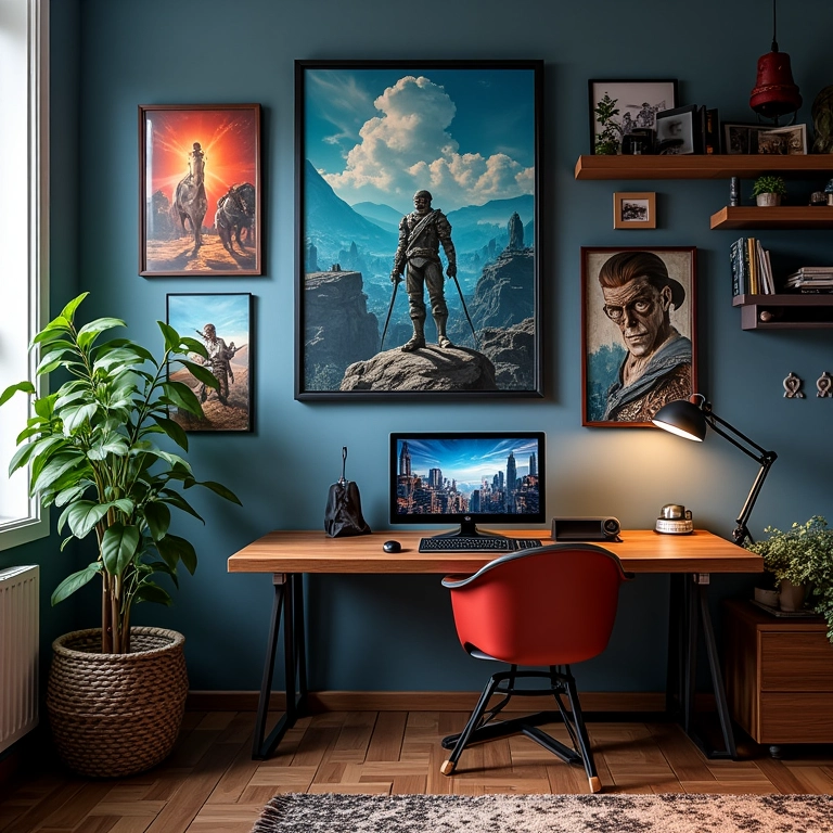 Paredes de espaço gamer decoradas com temas de jogos e pôsteres.