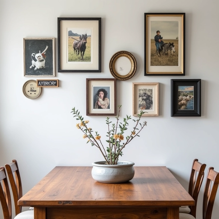 Paredes decoradas com quadros, espelhos e adesivos na sala de jantar.