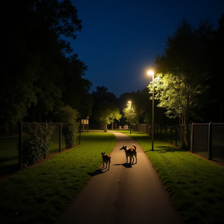 Parque para cães à noite com iluminação adequada, promovendo segurança.