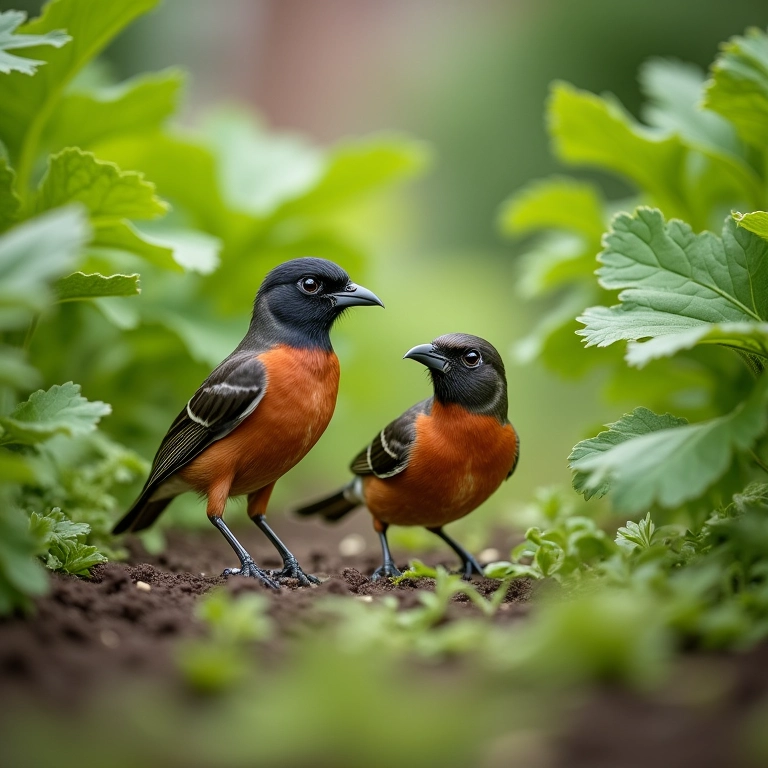 Pássaros observando horta, buscando alimentos.