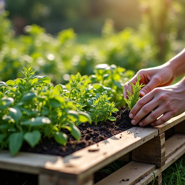 Passo a passo da montagem de jardim vertical de pallet, mãos plantando ervas.