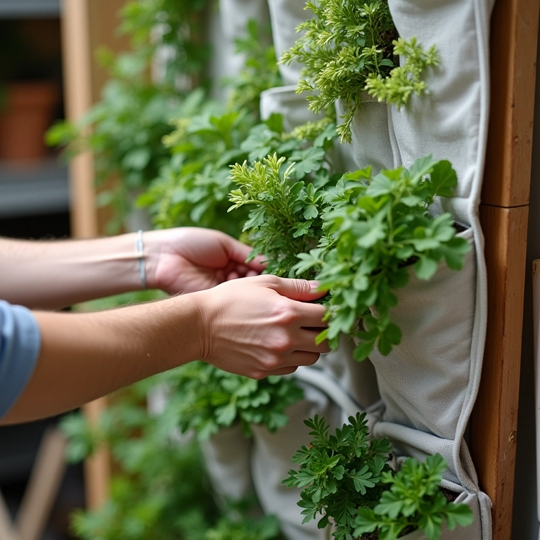 Passo a passo da montagem de um jardim vertical: fixando bolsos de tecido à estrutura de madeira.