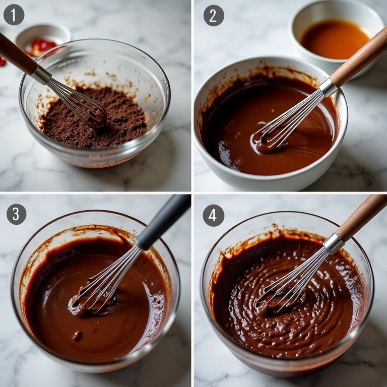 Passo a passo da preparação da massa do bolo de chocolate sem ovo.