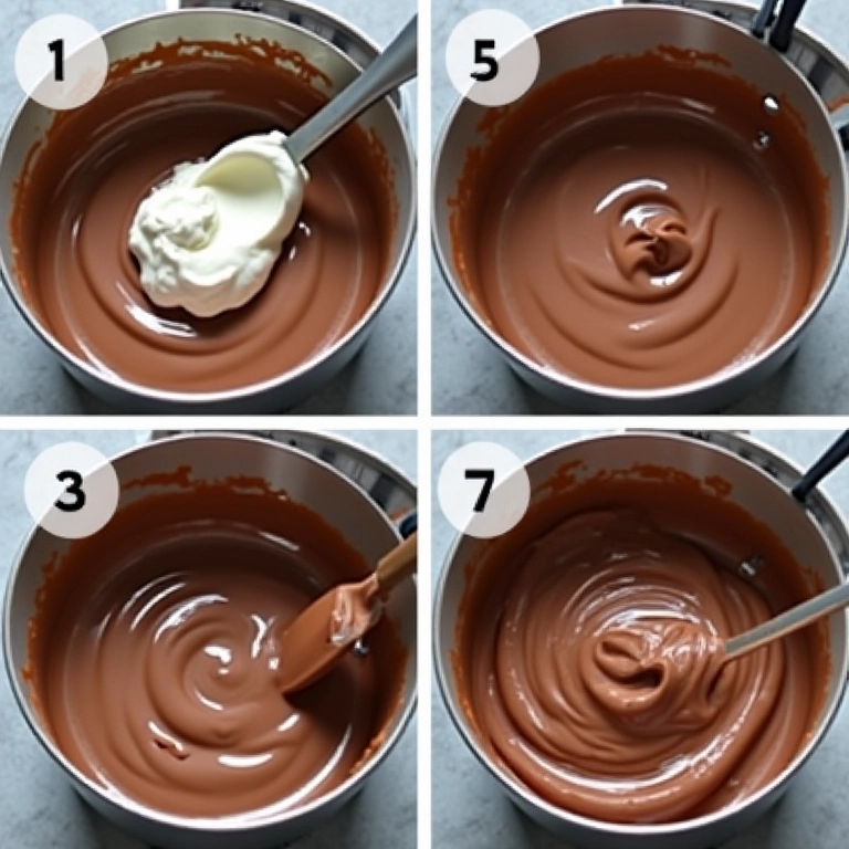 Passo a passo de como incorporar creme de leite ao chocolate derretido para a mousse.