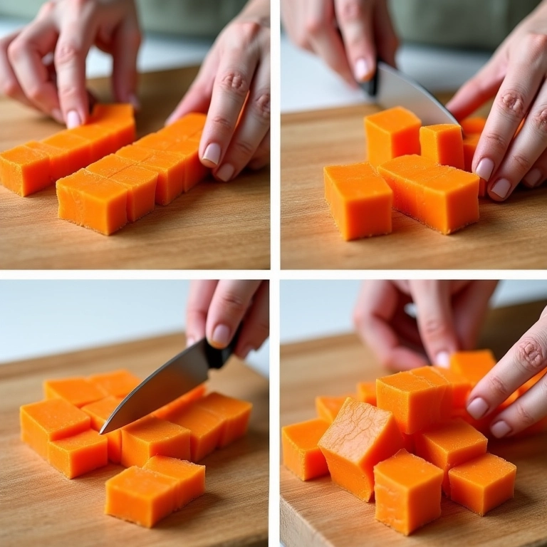 Passo a passo para cortar uma cenoura em cubos.
