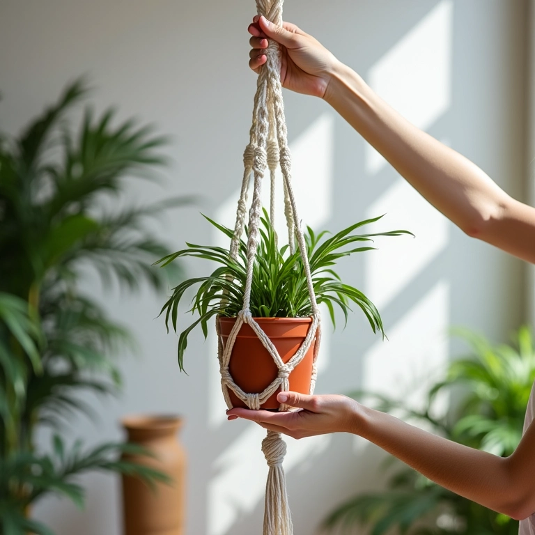 Passo a passo para criar um suporte de macramê para plantas.