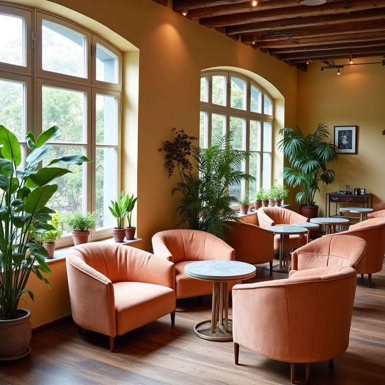Pastelaria aconchegante com cadeiras e mesas confortáveis, design brasileiro, luz natural e plantas criando um ambiente acolhedor.