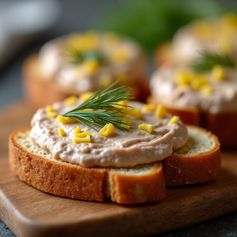 Patê de atum servido com torradas, decorado com endro e raspas de limão.