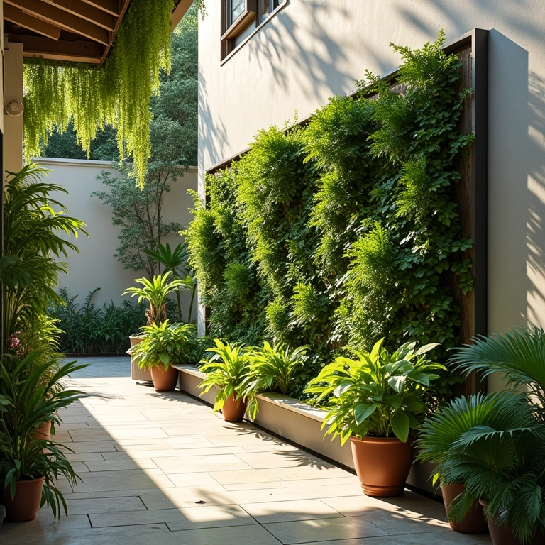 Pátio ensolarado com parede parcialmente sombreada, local ideal para jardim vertical.