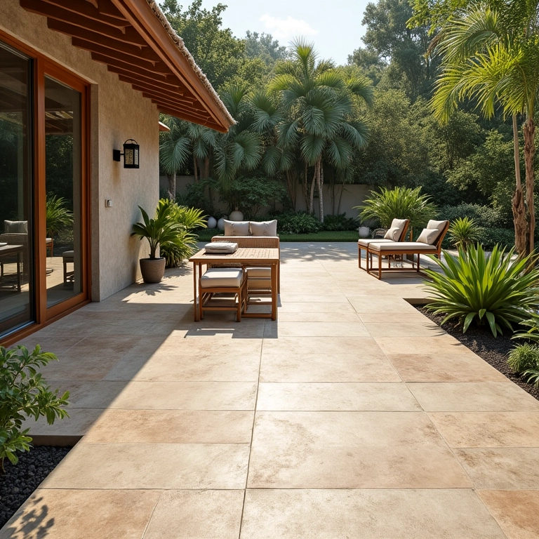Pátio externo com piso e móveis de travertino, mostrando a adequação do material para áreas externas.
