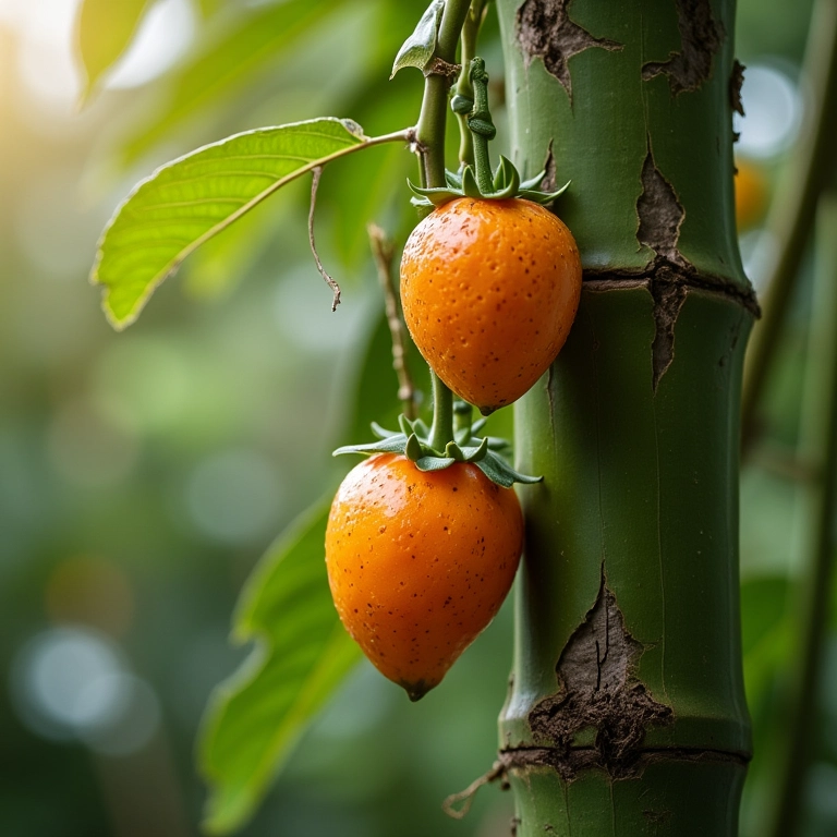 Pé de maracujá trepando em suporte de bambu.