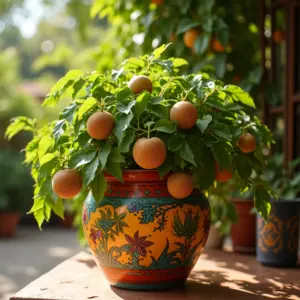 Pé de maracujá vibrante em vaso, varanda ensolarada estilo Farm Rio.