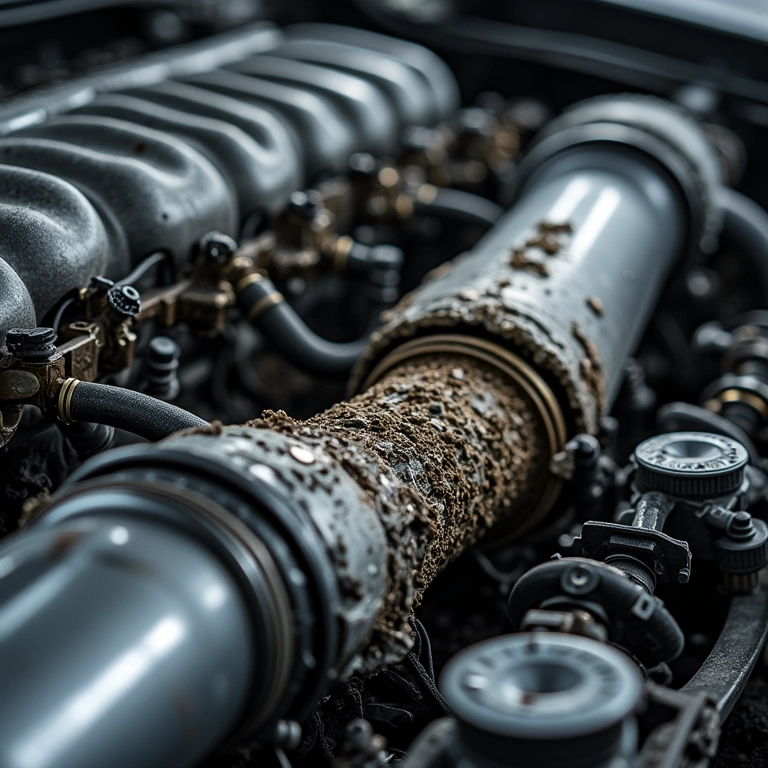 Peças de motor danificadas por detonação e desgaste prematuro.